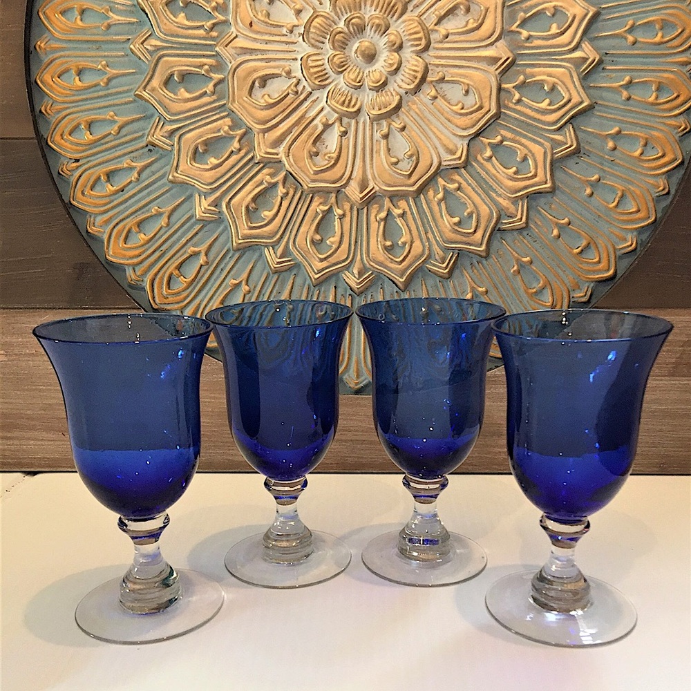 Three Water Goblets Cobalt Blue Depression Glass